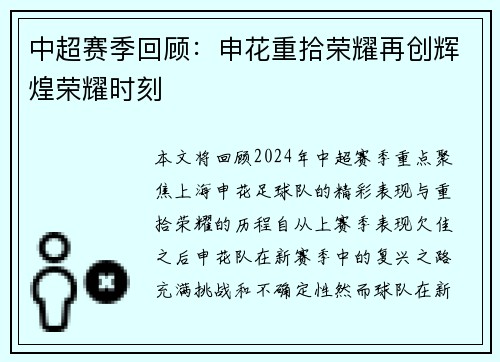 中超赛季回顾：申花重拾荣耀再创辉煌荣耀时刻